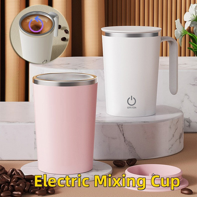 Shopi Vella electric mixing coffee cup in white and pink with lid and handle on marble surface