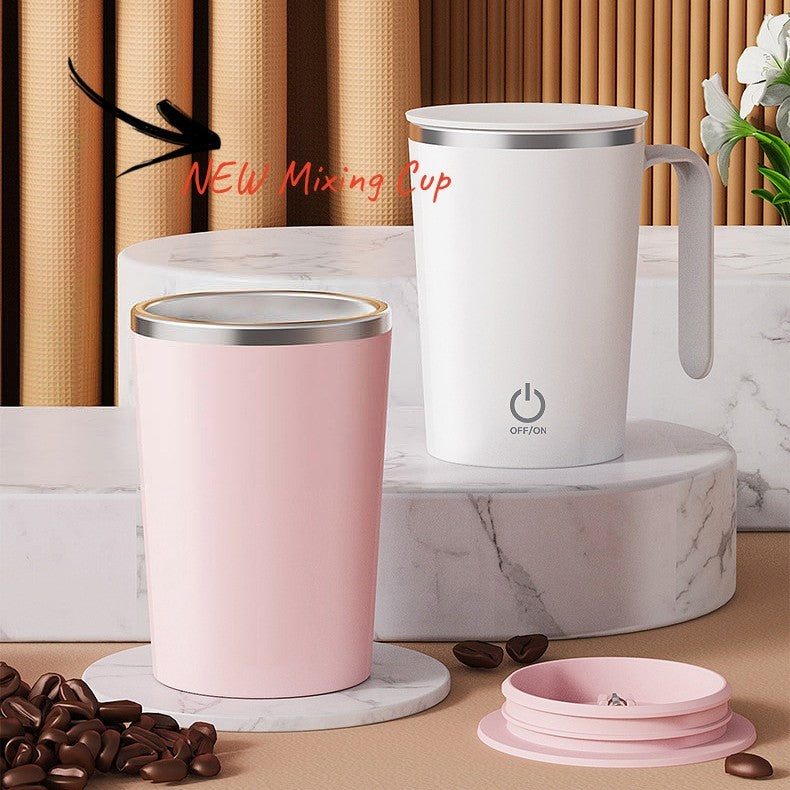 Shopi Vella electric mixing coffee cup in white and pink with lid and handle for easy kitchen storage