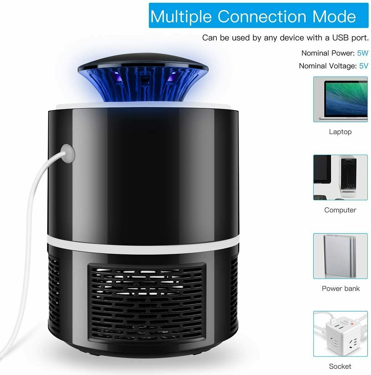 Shopi Vella electric mosquito killer lamp in black with USB connection for laptop computer power bank and socket