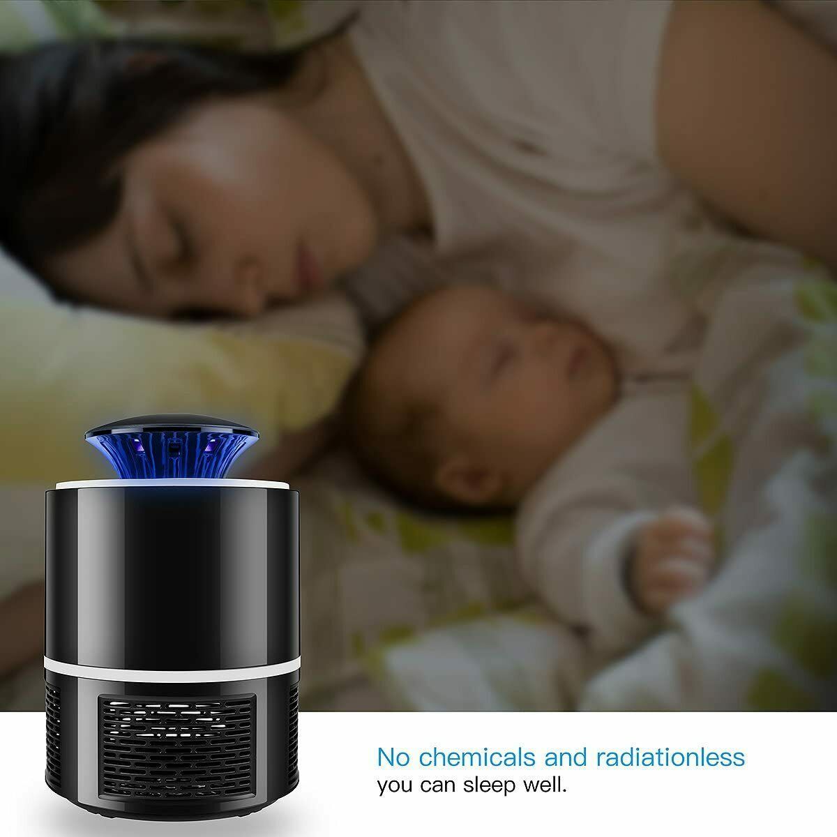 Shopi Vella electric mosquito killer lamp in black with blue light beside sleeping mother and baby