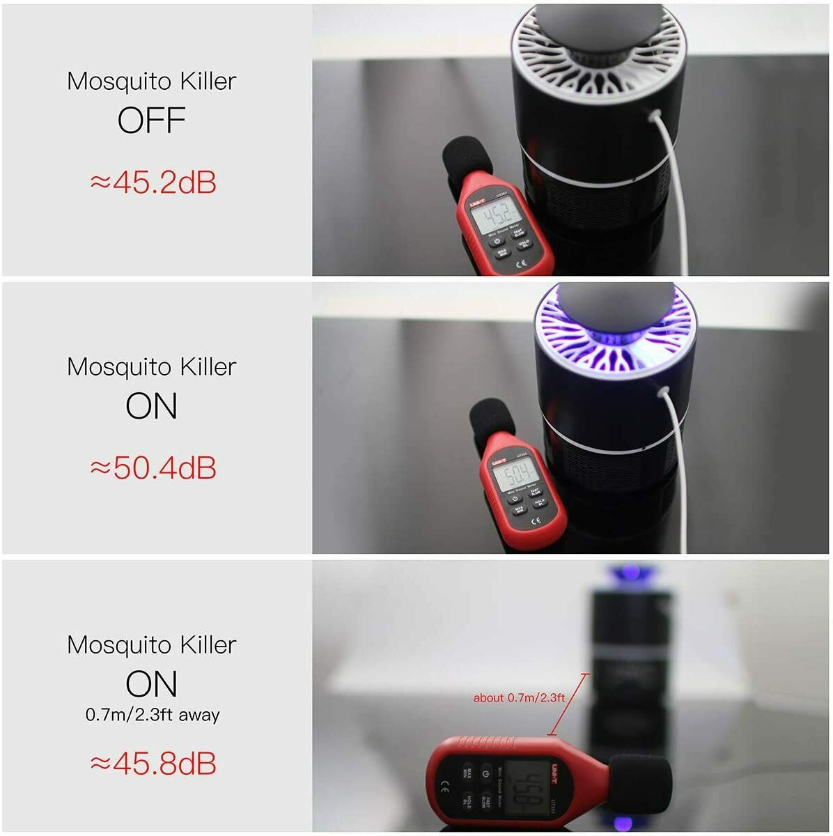 Shopi Vella electric mosquito killer lamp measuring sound levels with device on and off