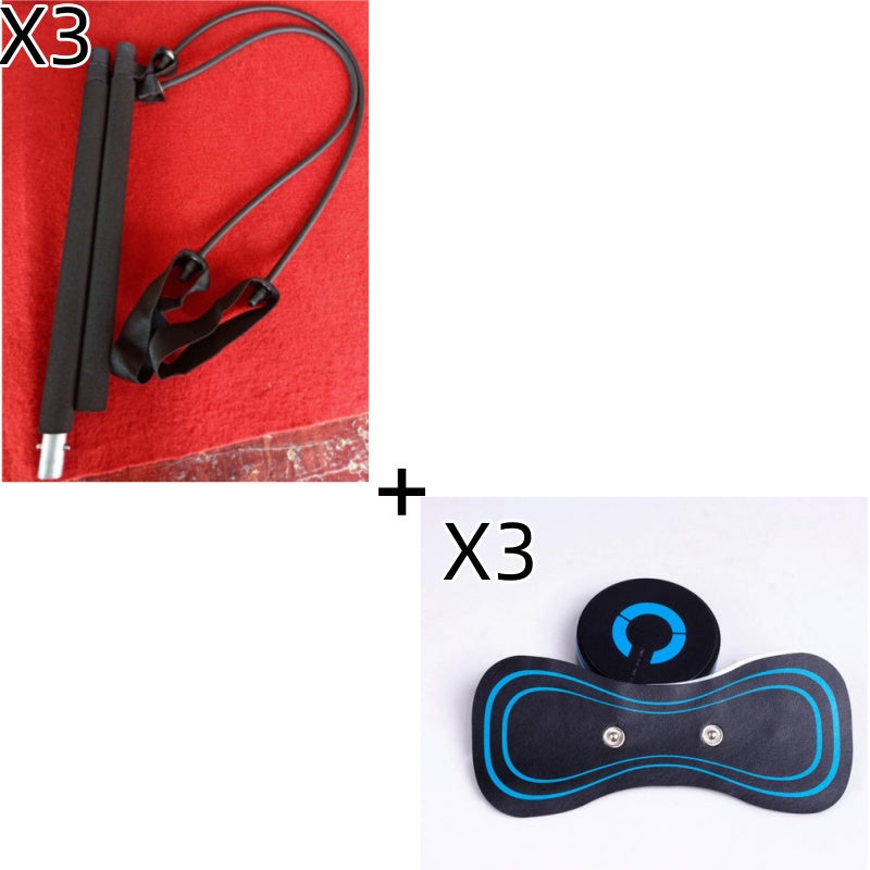 Set of resistance bands and electric neck and shoulder massager with blue accents for muscle relief