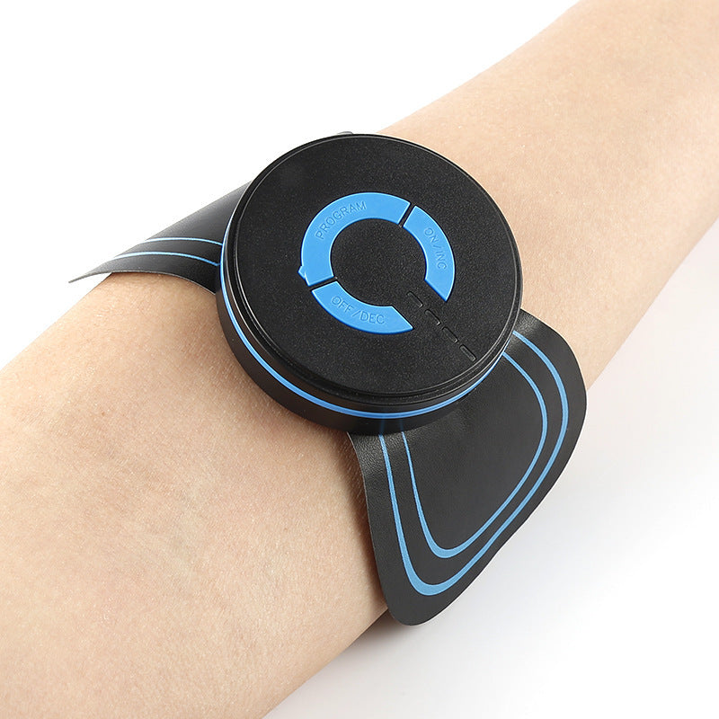 Electric neck and shoulder massager worn on arm with black and blue design and control buttons