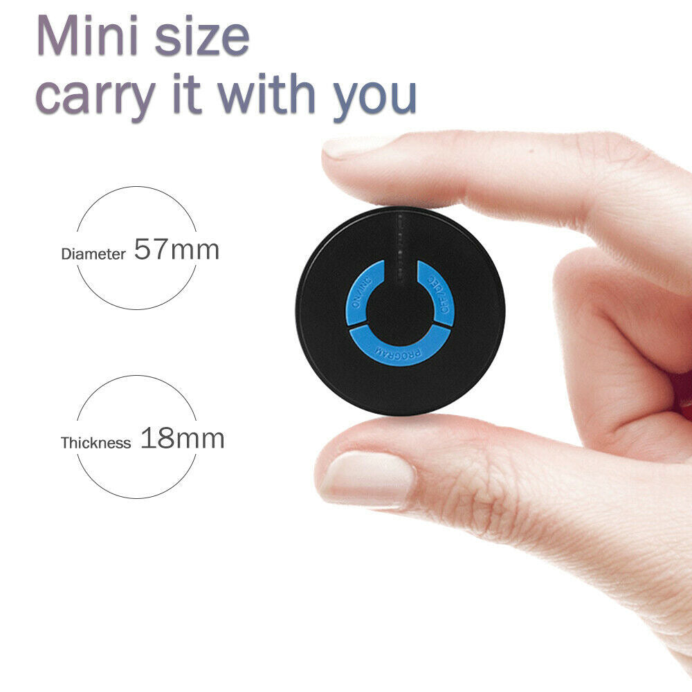 Mini electric neck and shoulder massager held between fingers showing compact size and dimensions