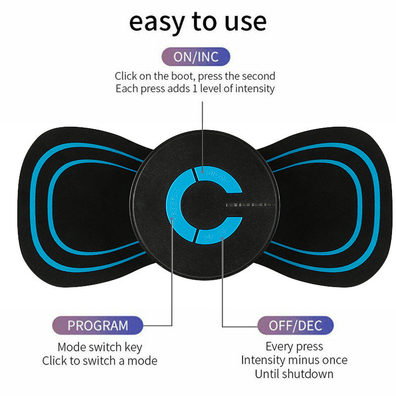 Electric neck and shoulder massager control pad showing easy to use buttons for on inc program and off dec