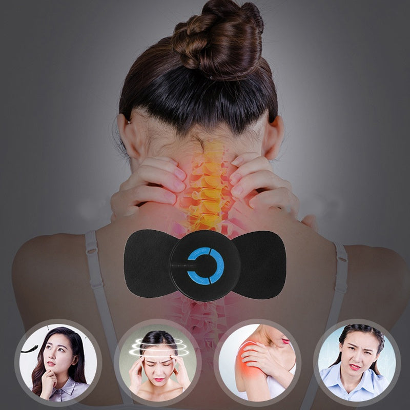Shopi Vella electric neck and shoulder massager shown on woman with highlighted spine and pain relief illustrations