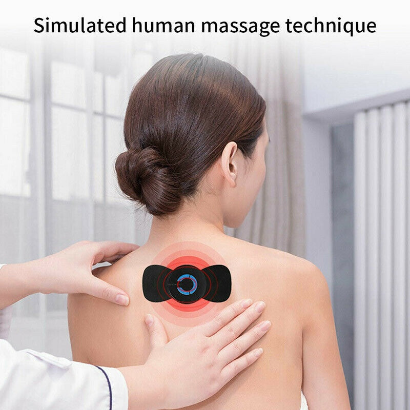 Electric neck and shoulder massager demonstrating simulated human massage technique on a woman's upper back