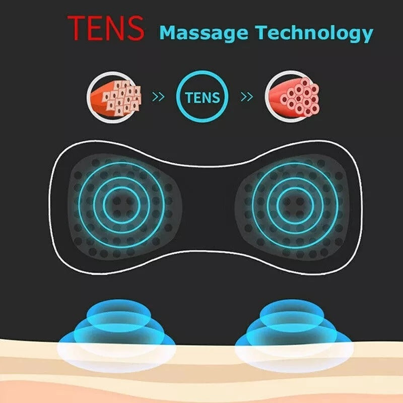 Shopi Vella electric neck and shoulder massager showing TENS massage technology and muscle relief diagram