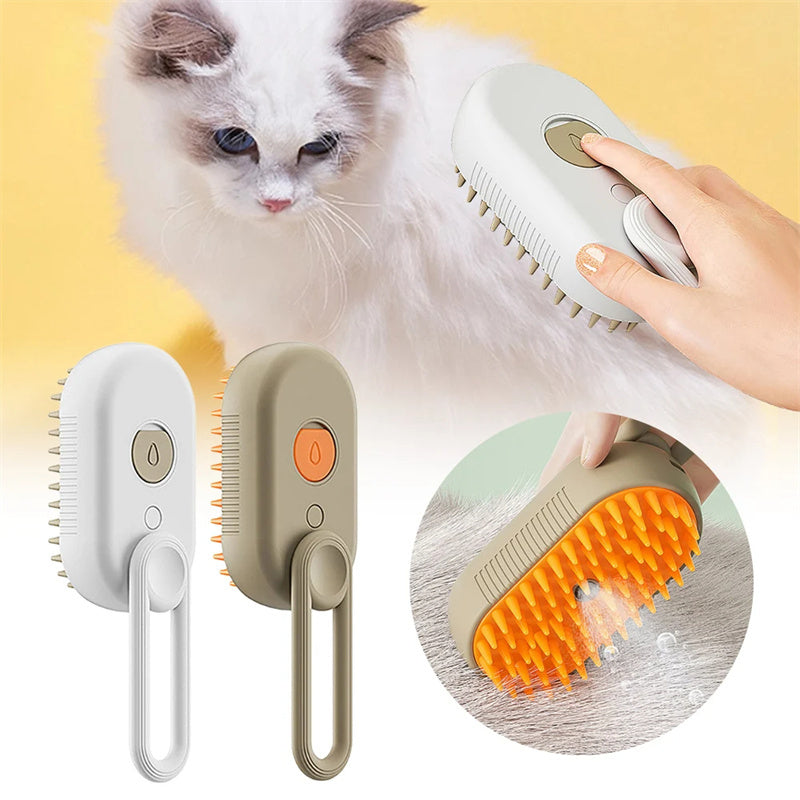 Shopi Vella electric pet grooming brush in white and beige with a cat being groomed and water-resistant design