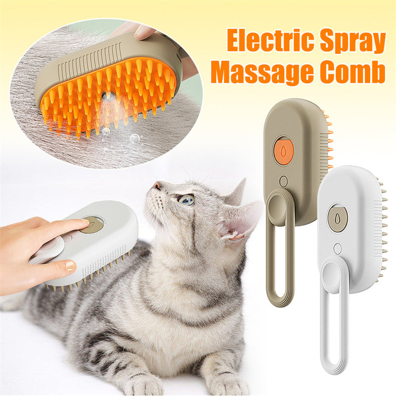 Shopi Vella electric pet grooming brush being used to groom a gray tabby cat with spray feature