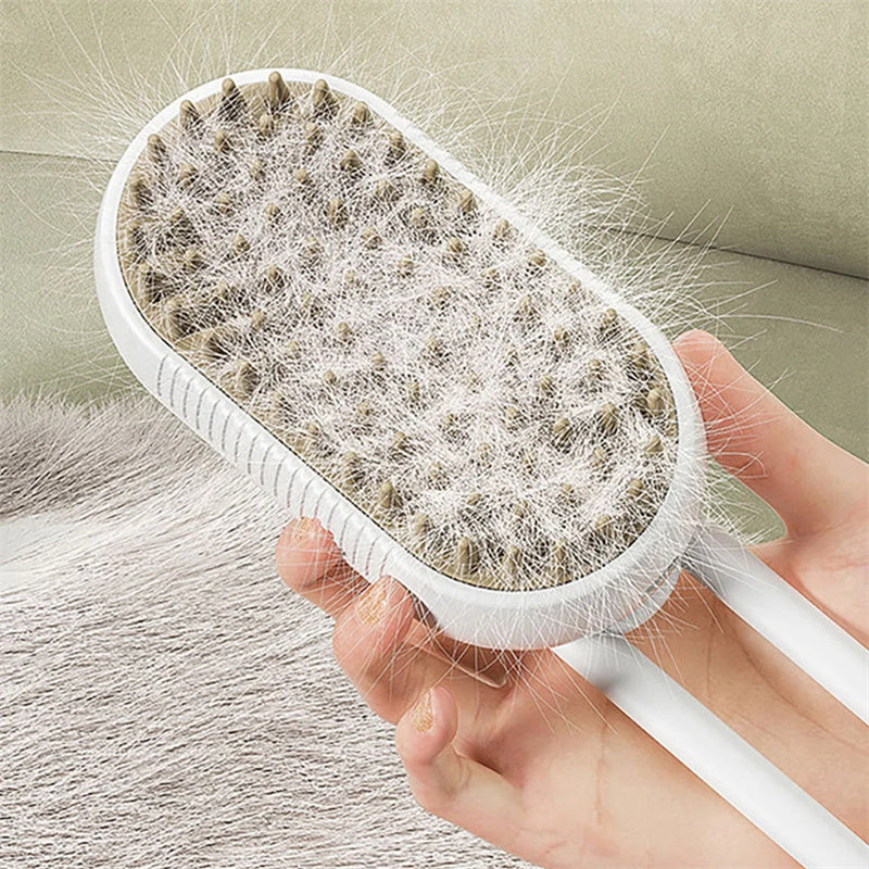 Shopi Vella electric pet grooming brush with bristles full of removed pet hair held over a couch