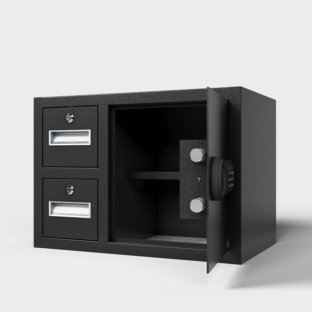 Shopi Vella electronic security safe box with open door and two locked compartments in black