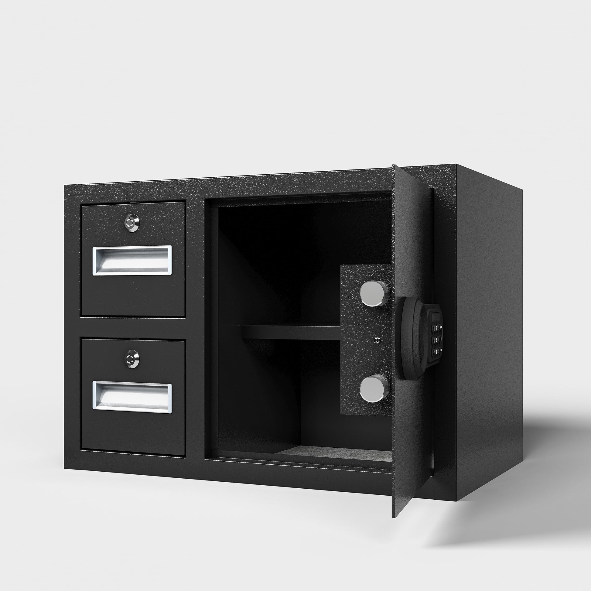 Shopi Vella electronic security safe box with open door and two locked compartments in black