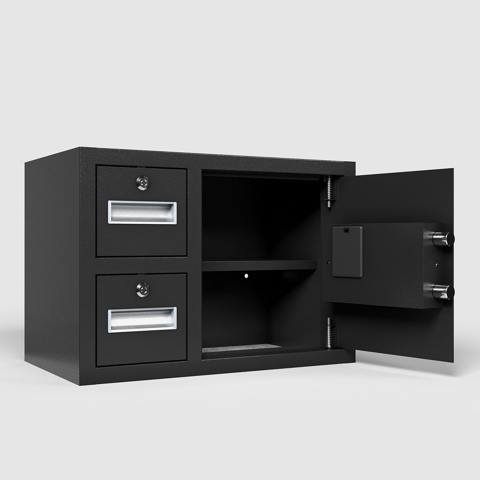 Shopi Vella black electronic security safe box with open door and two locked drawers for secure storage
