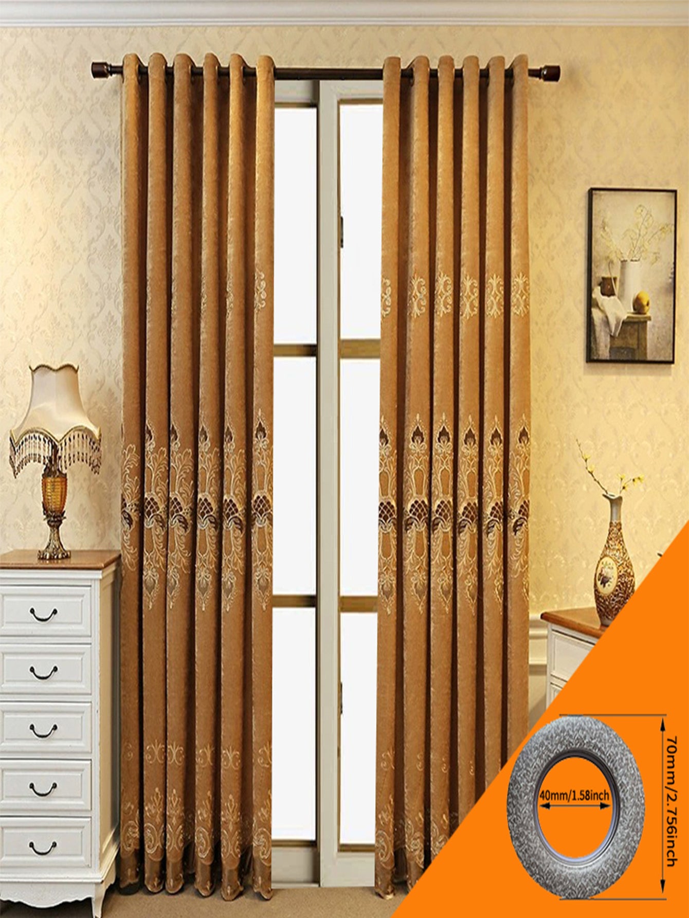 Elegant blackout curtains in brown with decorative pattern hanging in bright room with lamp and dresser