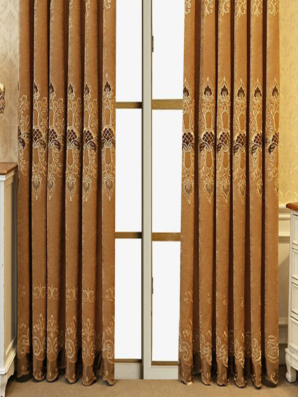 Elegant blackout curtains in warm brown with intricate embroidery draped on either side of a window