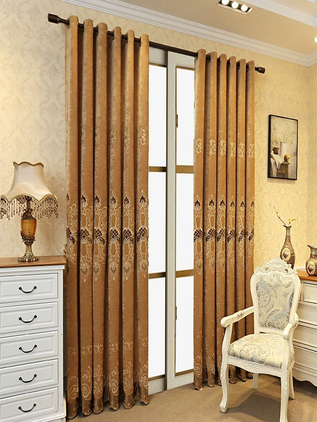 Elegant blackout curtains in brown with decorative patterns hanging in a stylish living room