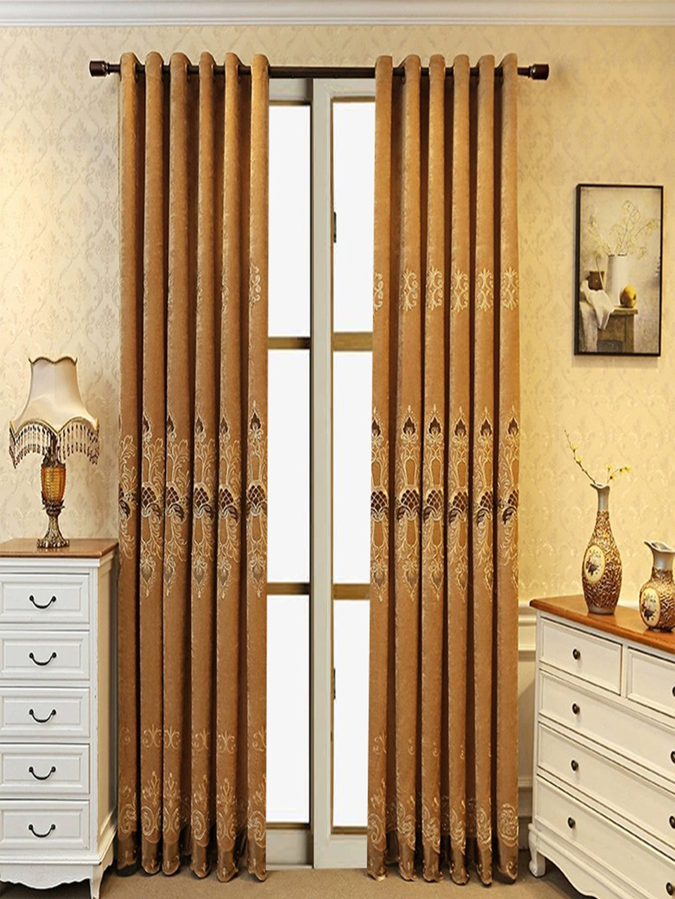 Elegant blackout curtains in warm brown with intricate patterns hanging in a cozy living room