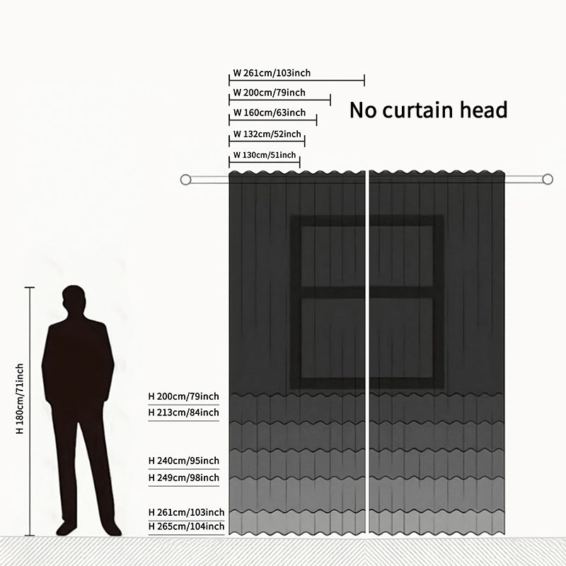 Elegant blackout curtains in black gradient with size measurements and silhouette for scale