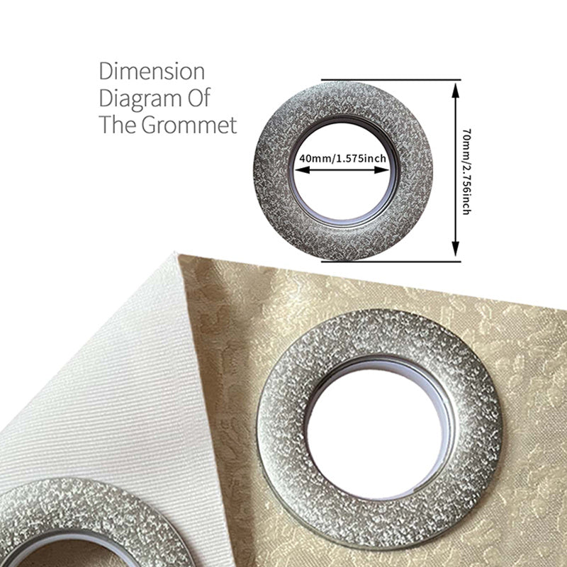 Close-up of metallic grommet with dimensions on beige fabric for elegant blackout curtains