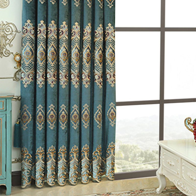 Shopi Vella elegant embroidered living room curtains in teal with intricate gold and beige patterns