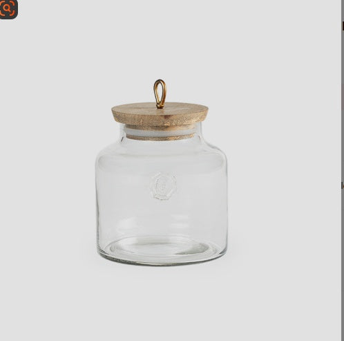 Shopi Vella clear glass storage jar with wooden lid and metal loop handle elegant kitchen storage container