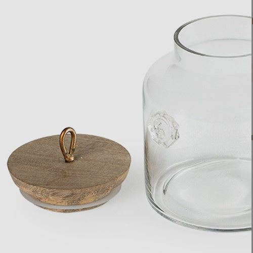 Shopi Vella elegant kitchen storage container with clear glass jar and wooden lid with metal handle