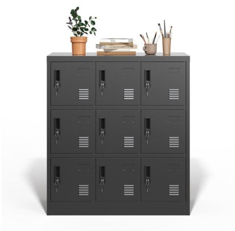 Shopi Vella black metal employee locker cabinet with nine lockable compartments and decorative items on top
