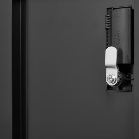 Close-up view of the secure locking mechanism on a black Shopi Vella employee locker cabinet