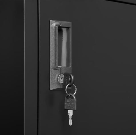 Black employee locker cabinet door with key lock and recessed handle for secure storage