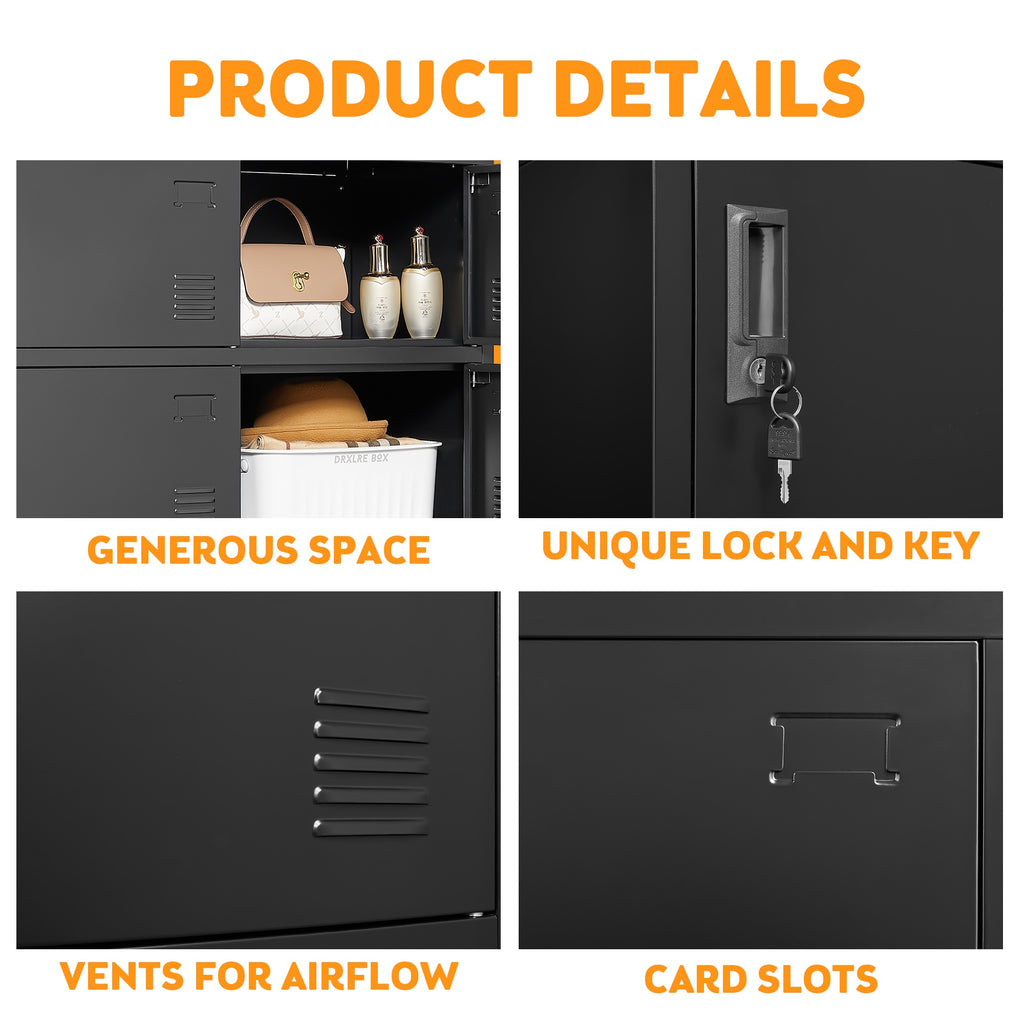 Shopi Vella employee locker cabinet with generous space, unique lock and key, vents for airflow, and card slots