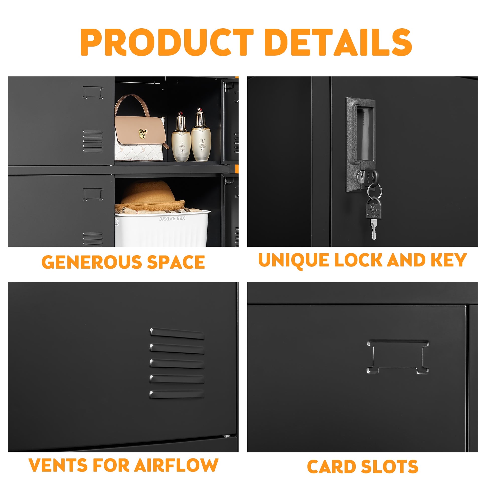 Shopi Vella employee locker cabinet with generous space, unique lock and key, vents for airflow, and card slots