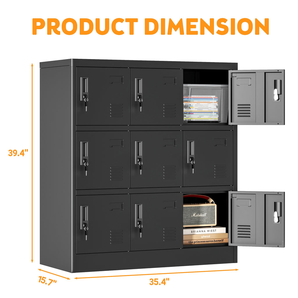 Shopi Vella black metal employee locker cabinet with multiple lockable compartments and product dimensions