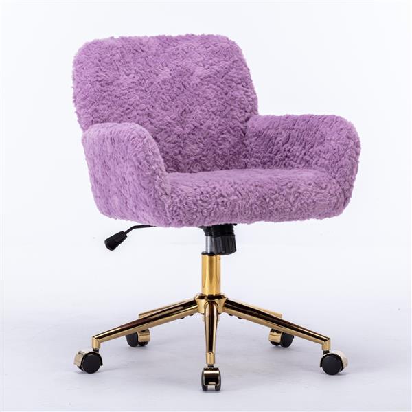 Purple ergonomic office chair for home with plush fabric upholstery and gold metal base on wheels