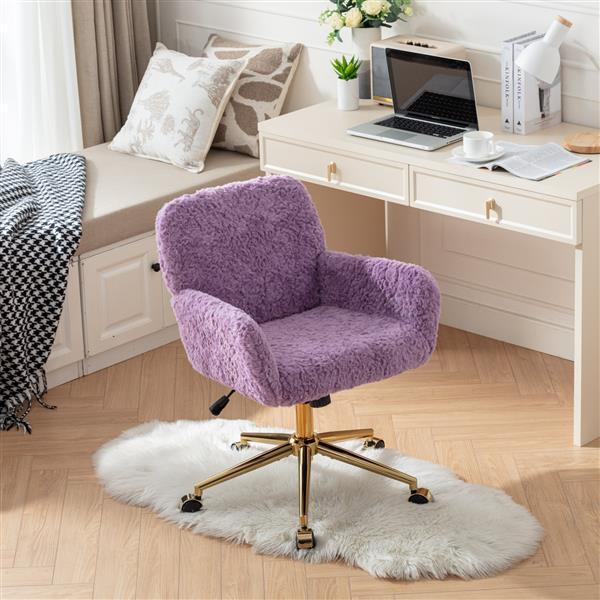 Shopi Vella ergonomic office chair for home in purple plush fabric with gold base on white rug