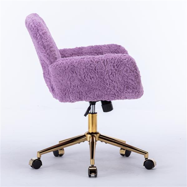 Purple plush ergonomic office chair for home with gold swivel base and caster wheels