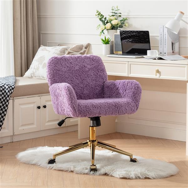 Ergonomic office chair for home with purple plush upholstery and gold base in modern workspace