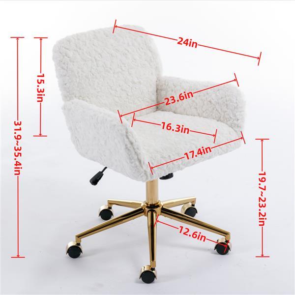Ergonomic office chair for home with white plush upholstery and gold metal base on wheels
