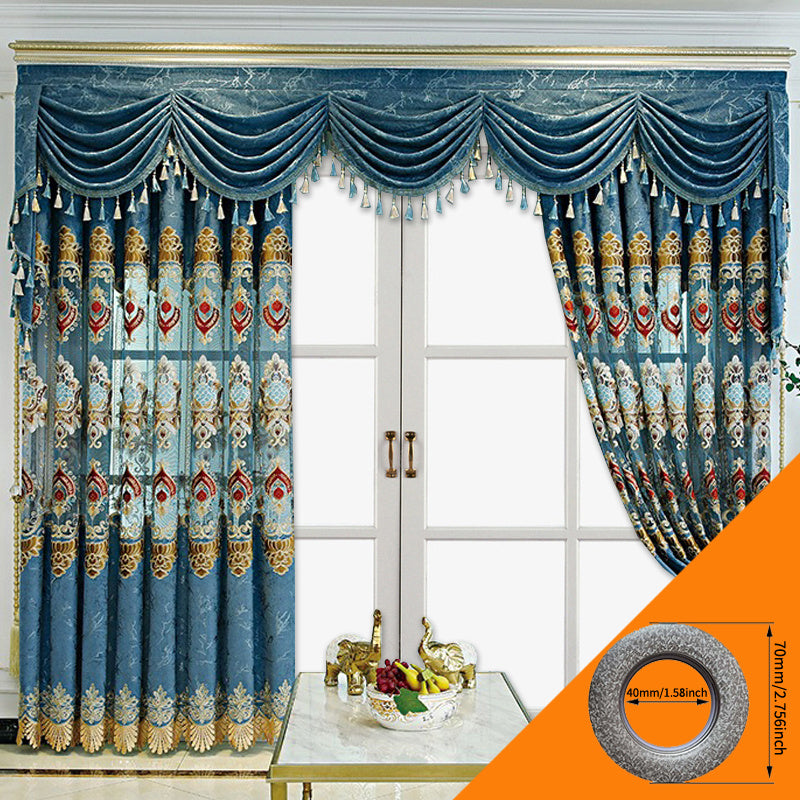 Shopi Vella European embroidery velvet curtains in blue with ornate gold and red patterns and tassel accents