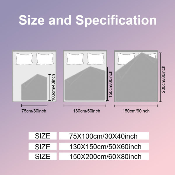 Size and specification chart for Shopi Vella eyelash print throw blanket in three sizes 30 by 40, 50 by 60, and 60 by 80 inches
