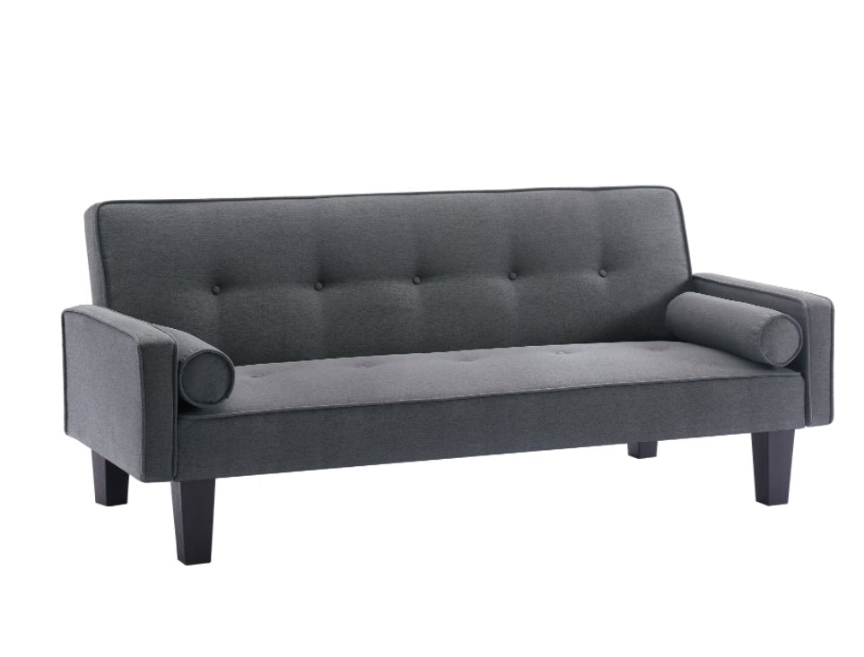 Shopi Vella fabric button tufted living room sofa in dark gray with wooden legs and cylindrical arm pillows