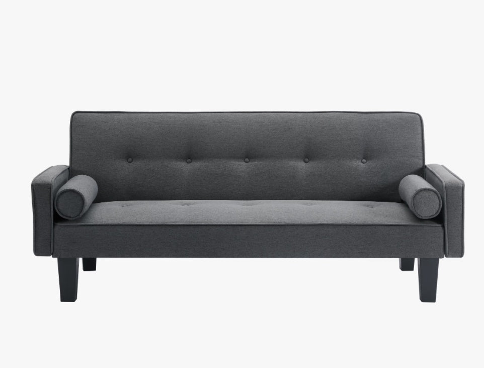 Shopi Vella fabric button tufted living room sofa in dark gray with modern wooden legs and cylindrical arm cushions