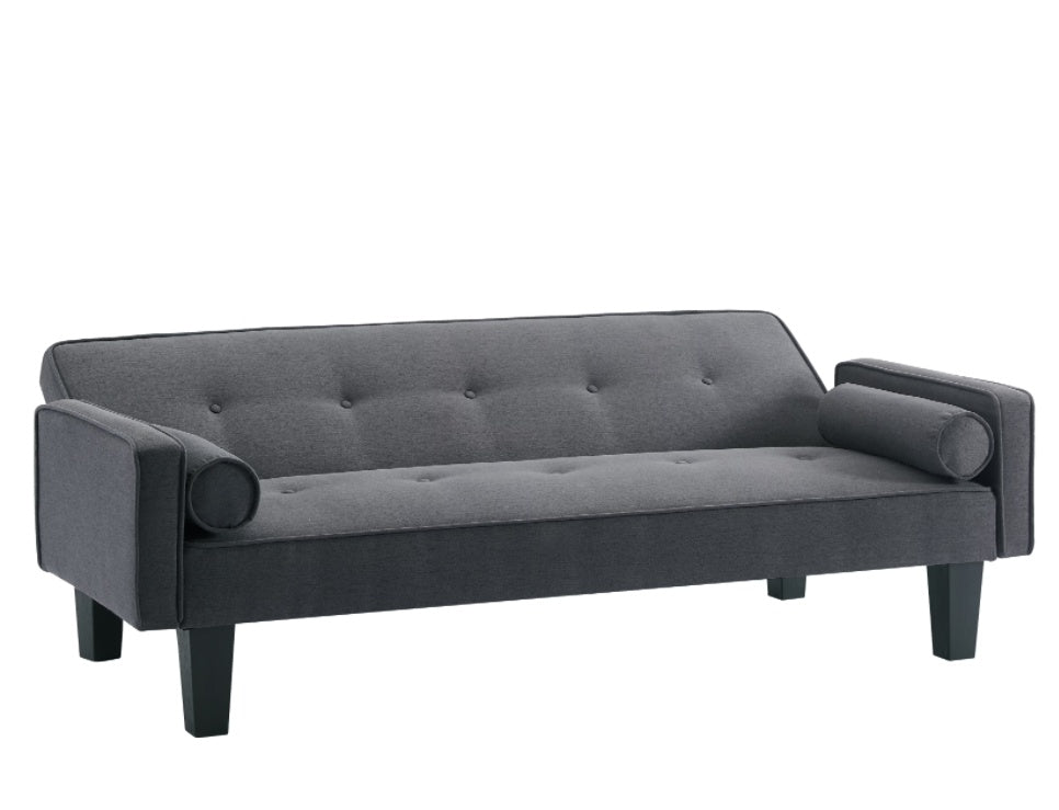 Shopi Vella fabric button tufted living room sofa in dark gray with bolster pillows and wooden legs