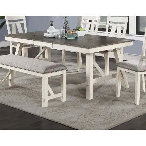 Dining set with fabric cushioned dining seating including chairs and benches around a wooden table