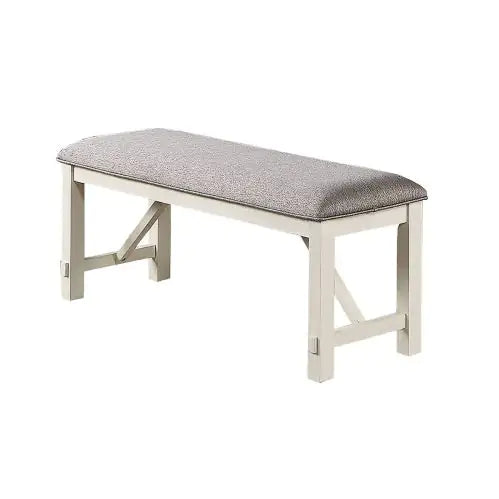 Wooden bench with fabric cushioned dining seating in light gray and white frame
