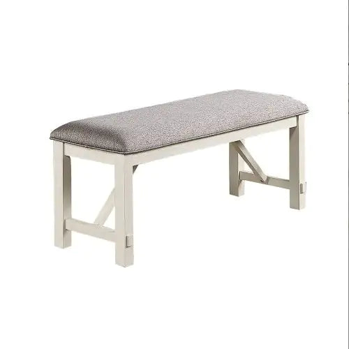 Fabric cushioned dining seating bench with beige wooden frame and gray upholstered cushion