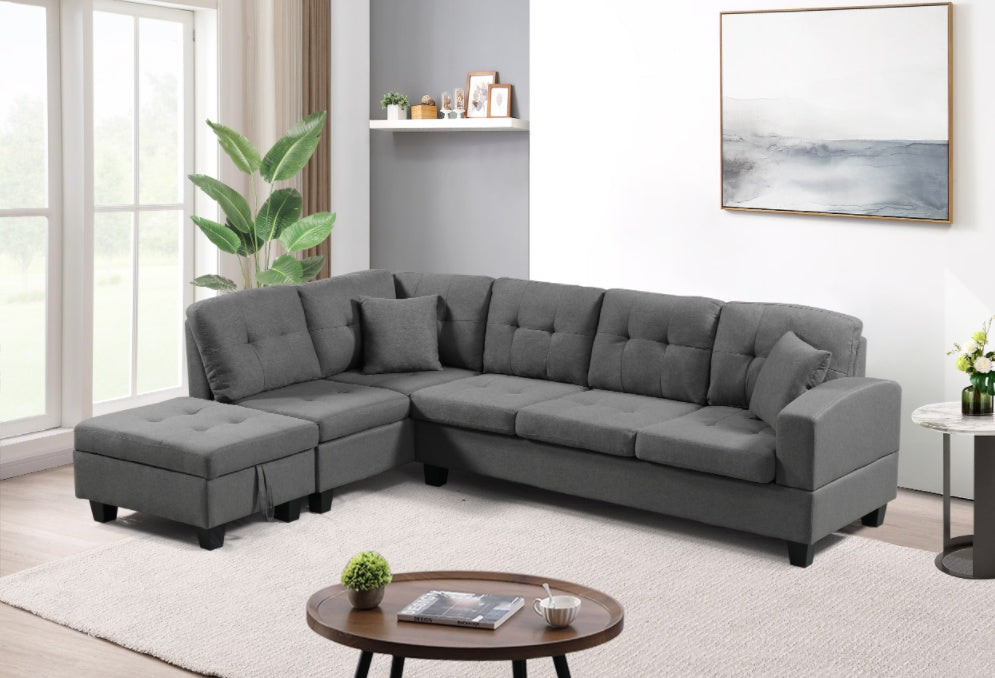 Shopi Vella gray fabric sofa with ottoman in modern living room with decorative pillows