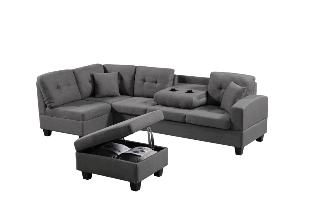 Shopi Vella gray fabric sofa with ottoman featuring storage and comfortable cushions