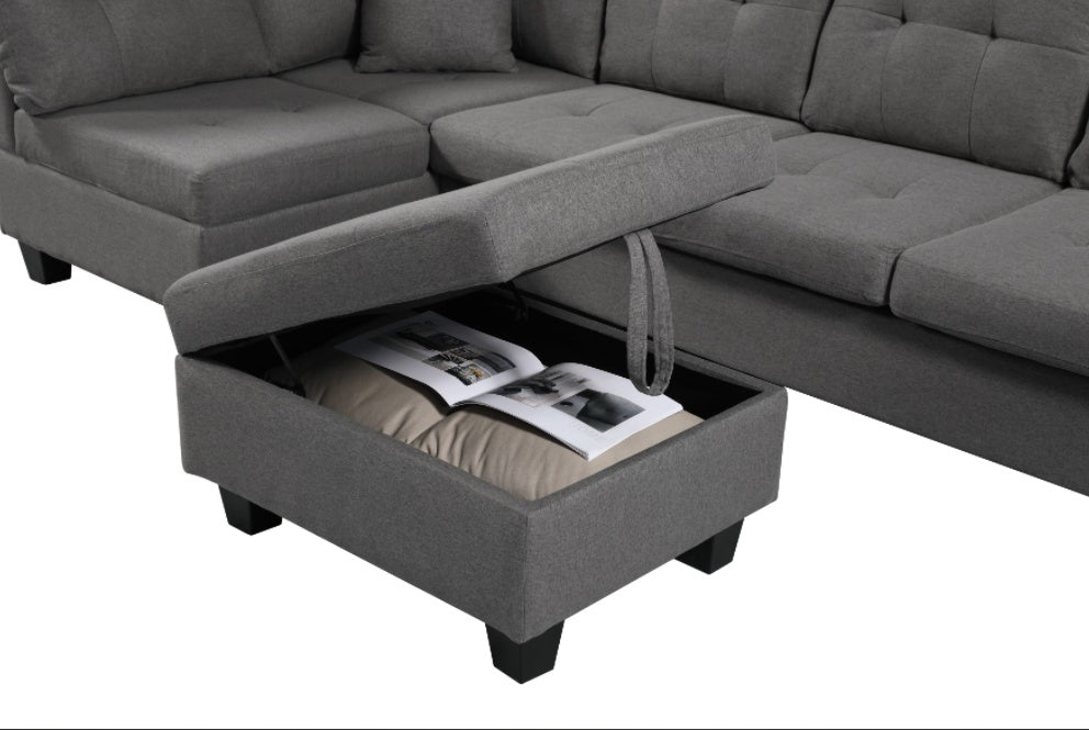 Shopi Vella fabric sofa with ottoman storage compartment open showing pillow and magazines
