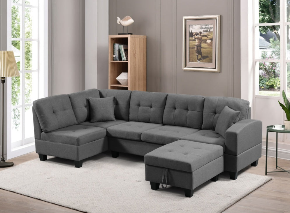 Shopi Vella fabric sofa with ottoman in gray featuring tufted cushions and modern design